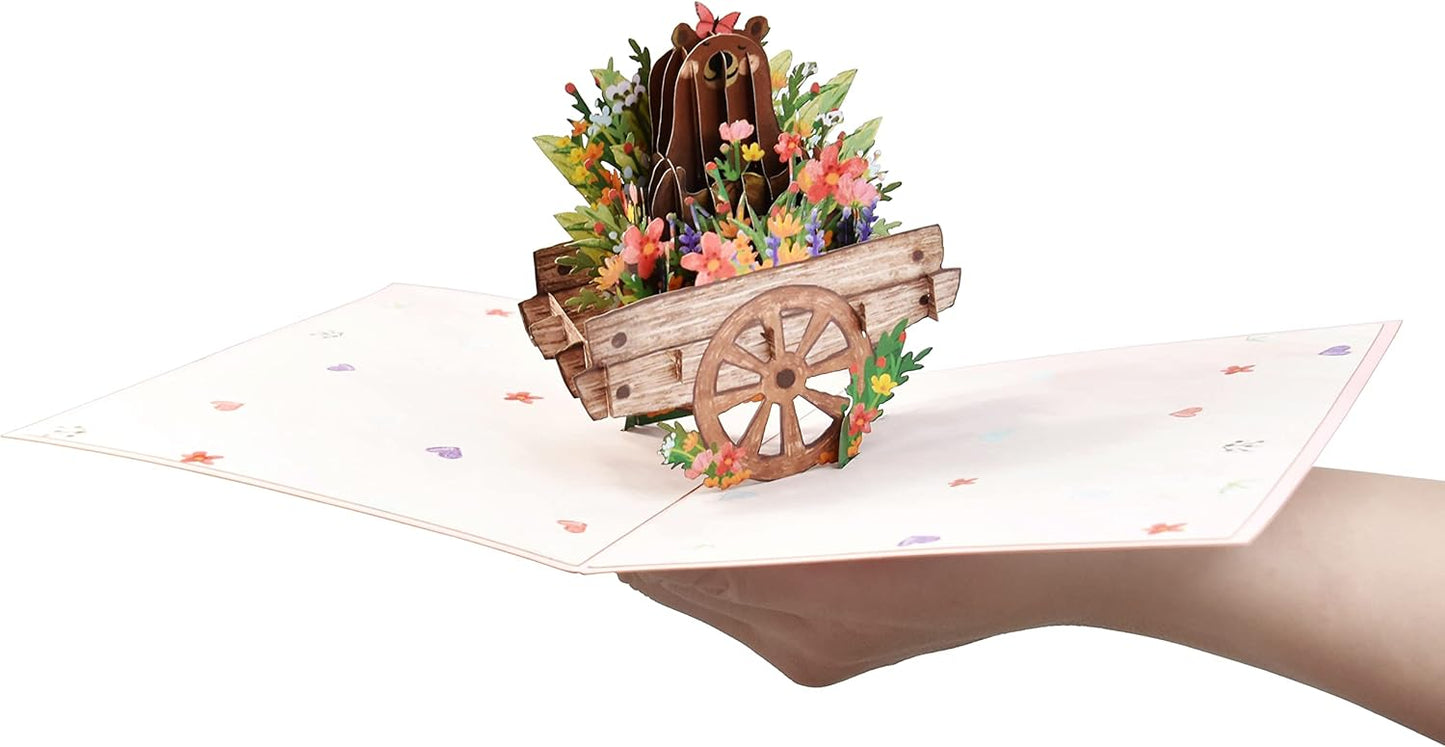 Large Flower Cart Bear Pop Up Card