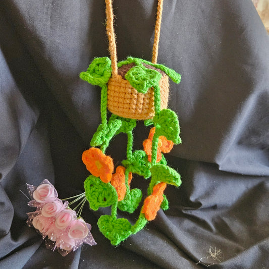 Crochet Hanging Orange Flower Planter – Bright Botanical Décor
