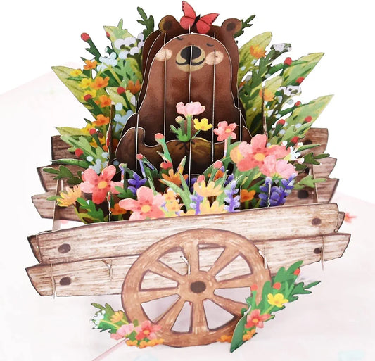 Large Flower Cart Bear Pop Up Card